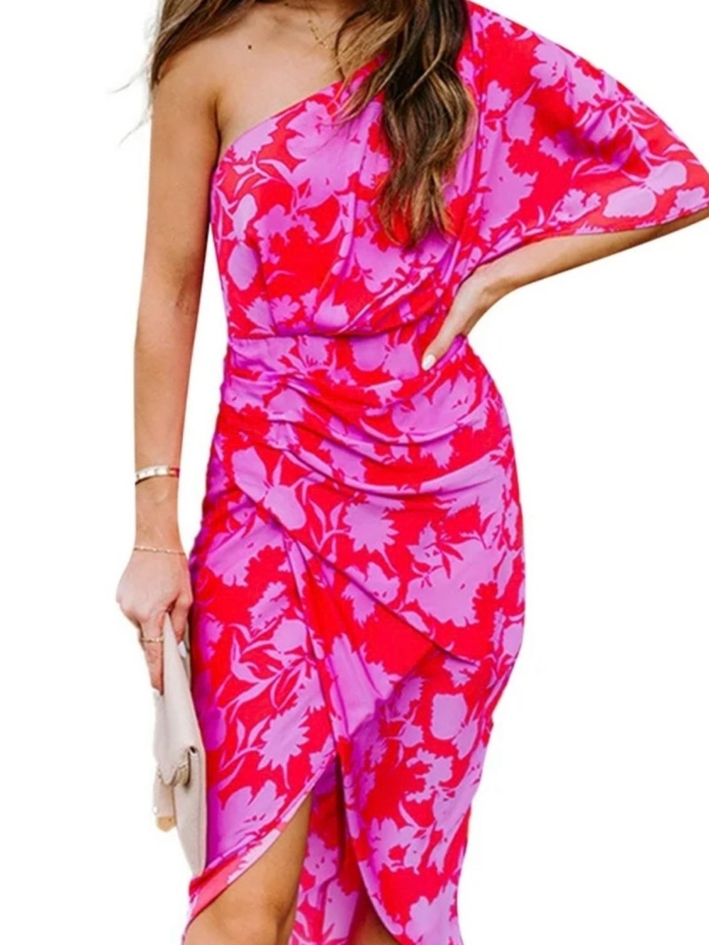 DO+BE One-Shoulder Pink & Red Floral Midi Dress